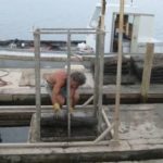 Greg LoVece, stacking oysters at the Blue Island farm